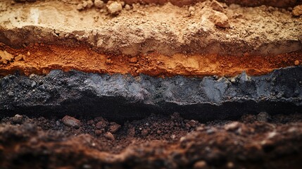 Wall Mural - A scientific close-up of soil samples under geotechnical analysis, diverse layers of clay, sand, and gravel visible, rich earthy tones highlighted by soft lighting, macro shot.