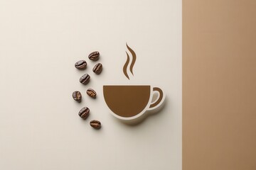Poster - Minimalist coffee cup logo featuring steam and scattered beans in warm tones for elegant branding