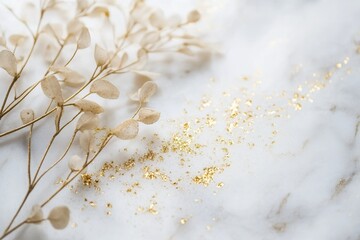 Aufkleber - Luxury golden accents adorn white marble texture with subtle golden dust showcasing premium minimalism in an elegant setup