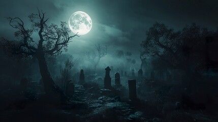 Wall Mural - a spooky halloween night with an eerie misty graveyard, twisted haunted trees casting shadows, a glo