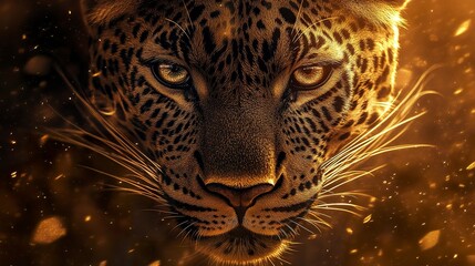 Wall Mural - a striking leopard portrait, detailed whiskers and piercing eyes glowing under warm sunlight, soft-f