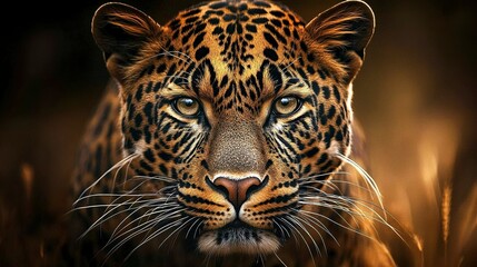 Wall Mural - a striking leopard portrait, detailed whiskers and piercing eyes glowing under warm sunlight, soft-f