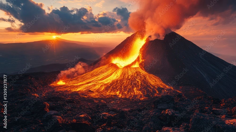 Volcanic eruption occurs with flowing lava and a towering ash cloud at ...