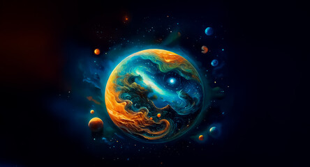 Poster - A vibrant planet with swirling colors is in the dark expanse of space, surrounded by smaller celestial spheres and twinkling stars. Cosmic dust adds to the stunning, dreamy scene.
