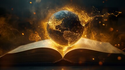 Wall Mural - a surreal scene of earth levitating above an open book, golden light weaving connections between con