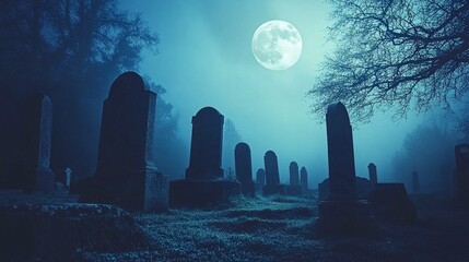 Wall Mural - a terrifying misty cemetery at midnight, ancient tombstones fading into thick fog, eerie full moon g