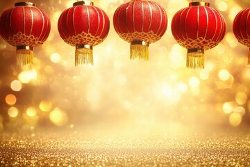 Canvas Print - a festive display of illuminated red lanterns hanging against a golden background, symbolizing celeb