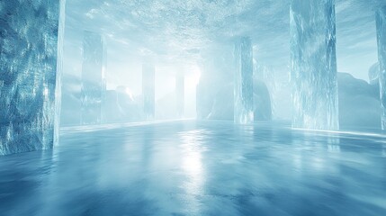 Wall Mural - abstract winter room, glossy ice floor and smooth frosted walls, cold misty atmosphere, soft blue to