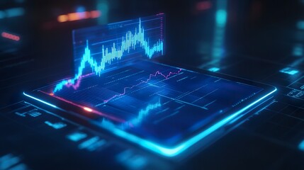 Wall Mural - futuristic finance concept with a 3d holographic stock market chart floating above a tablet, neon bl