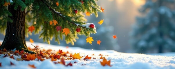 Wall Mural - Leaves fall from the boughs of an evergreen tree onto a snowy white surface beneath them, tree, color,