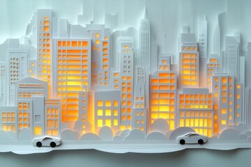 Poster - Layered paper art showcases a modern city skyline with illuminated windows, cars on the streets, and minimalist urban design elements