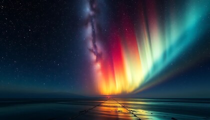 Wall Mural - Spectacular colorful aurora borealis illuminating the night sky above water