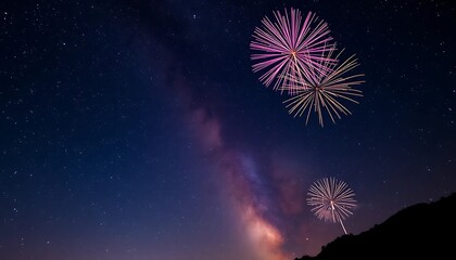 Wall Mural - Nighttime sky with fireworks and the luminous milky way display