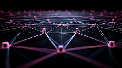 Abstract Network Of Connected Nodes With Pink And Blue Lines On Dark Background