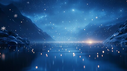 Wall Mural - tranquil blue winter night scene with softly glowing snowflakes drifting, moonlit reflections and a 