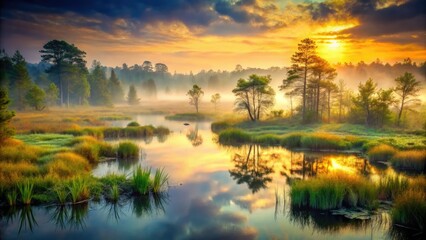 Wall Mural - Misty moor, atmospheric swamp scene: eerie fog blankets still water, aquatic plants emerge from dawn's mist.