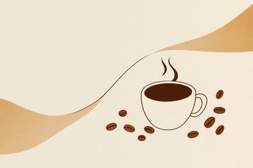 Poster - Elegant minimalist coffee cup logo featuring warm tones and simple steam lines with scattered coffee beans for a cozy ambiance