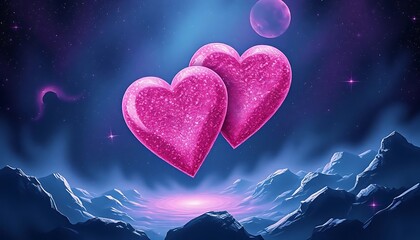 Wall Mural - Two pink hearts float over a cosmic mountainous landscape