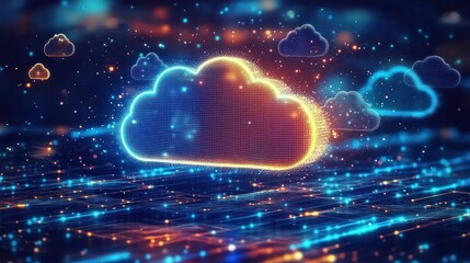Digital cloud technology concept with an abstract, glowing digital background, representing a web service and online storage system for the internet. This depicts the cyber security of data in the net