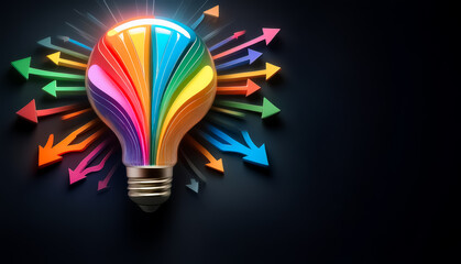 Poster - A vibrant rainbow light bulb radiates colorful arrows on a dark backdrop. Symbolizing creative ideas and diverse directions, illuminating innovation and potential.