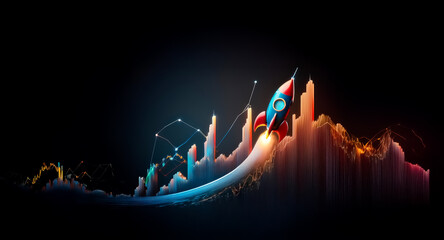 Fototapete - A rocket ascends above a dynamic graph showcasing an upward trajectory, symbolizing growth and aspiration in a dark setting.