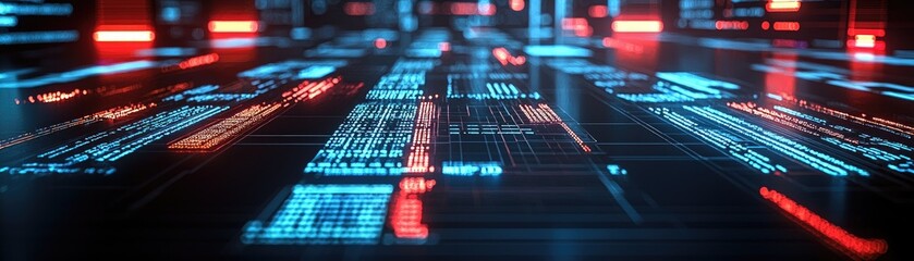Digital code streams flow, futuristic city backdrop; tech concept