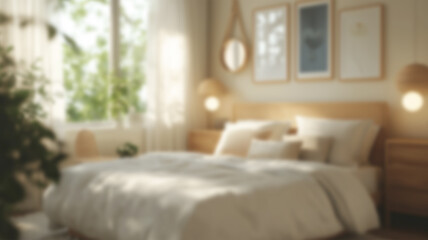 Blurred background of a serene scandinavian bedroom featuring soft lighting, natural wood accents, and peaceful decor. perfect for creating a calming atmosphere in your home. Ai Generated Images
