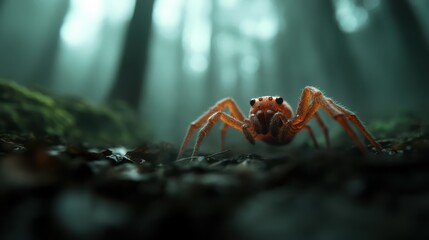 A captivating close-up of a spider on a foggy forest floor, highlighting its intricate details and creating a sense of mystery and fascination in nature's small wonders.