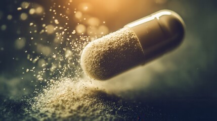 Fototapete - Macro view of fine powder spilling from a half opened pill in cinematic light and soft blur, showcasing pharmaceutical detail and composition