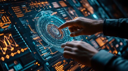 Hands interacting with futuristic holographic interface. (2)