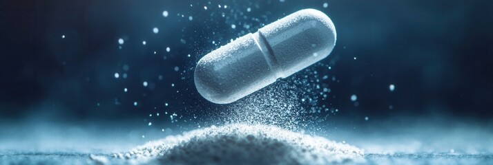 Leinwandbilder - Close up view of a half opened pill releasing fine powder in a cinematic composition highlighting pharmaceutical themes