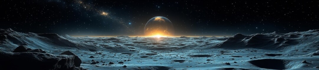 Wall Mural - A dramatic shot of a lunar landscape with a futuristic space capsule under a glowing distant sun. Generative AI