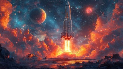 Wall Mural - Rocket Launch from Alien Planet in Flaming Nebula. Generative AI