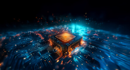 Fototapete - Glowing cube illuminates a circuit board surface with bright blue and orange particles on a dark backdrop, representing abstract technology and digital innovation.