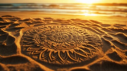 Leinwandbilder - Intricate sand drawings under warm golden light create artistic symbols on the beach during sunset