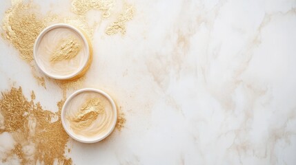 Aufkleber - Elegant display of luxury golden accents on white marble with premium minimalism and subtle golden dust