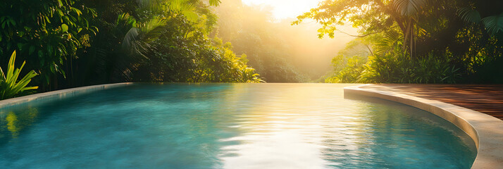 Wall Mural - a serene pool in a luxury spa resort - surrounded by lush greenery wide banner - yellow background
