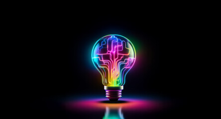 Fototapete - A vibrant light bulb with a circuit pattern glows with rainbow hues against a stark black backdrop, symbolizing bright ideas and technological innovation.