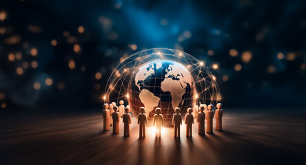 Fototapete - A global network connects people standing around a glowing world. Figures encircle the earth in a futuristic, interconnected digital age with bokeh lights background.