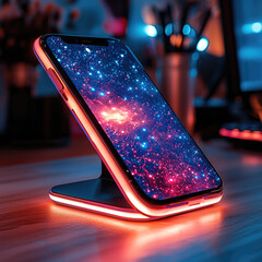Poster - modern phone stand with sleek design, showcasing vibrant galaxy wallpaper. glowing edges create captivating atmosphere