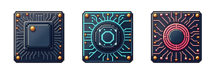 Three microchips showcasing intricate circuit designs, each with distinctive patterns and colors., cut out,transparent background