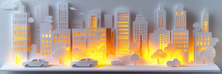 Fototapete - Layered paper art showcasing a modern city skyline with illuminated windows and street activity at dusk with minimalist urban aesthetics