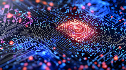 Close Up Of Blue And Red Circuit Board Design Illustrating Technology And Data Processing