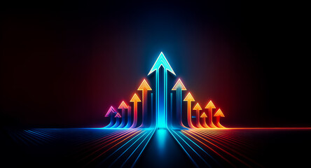 Fototapete - Vibrant neon arrows ascend from a dark plane, illuminated with blue and orange hues, symbolizing forward direction and progress. Dynamic and visually striking.