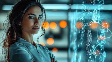 Aufkleber - confident woman stands in front of digital interface, showcasing technology and innovation. Her expression reflects determination and focus