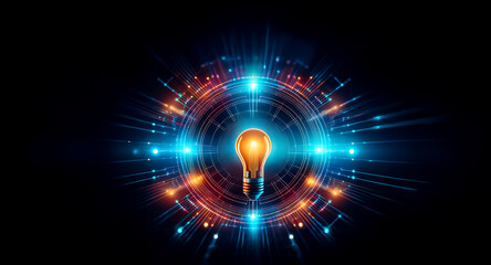 Aufkleber - Illuminated bulb is the focal point, radiating bright energy trails outward. Circular patterns and lines create a futuristic, digital effect in blue and orange tones.