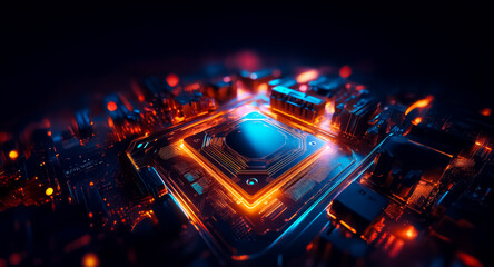 Aufkleber - Close-up of a futuristic circuit board with a central square element radiating blue light, contrasted by vibrant orange illuminations. Intricate and detailed technology design.