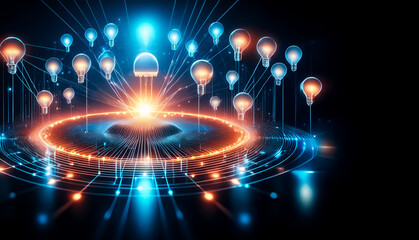 Aufkleber - Futuristic network of glowing light bulbs connected by lines and circles. Bright light emanates from the center creating a sense of innovation and technological advancement.