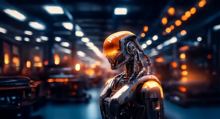 Poster - Futuristic robot stands in a dimly lit industrial space. Orange lights glow in the background, highlighting the metallic, humanoid figure.