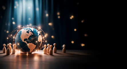 Aufkleber - A glowing globe encircled by light strands sits on a reflective surface surrounded by small wooden figures against a dark backdrop, suggesting global connections and networks.